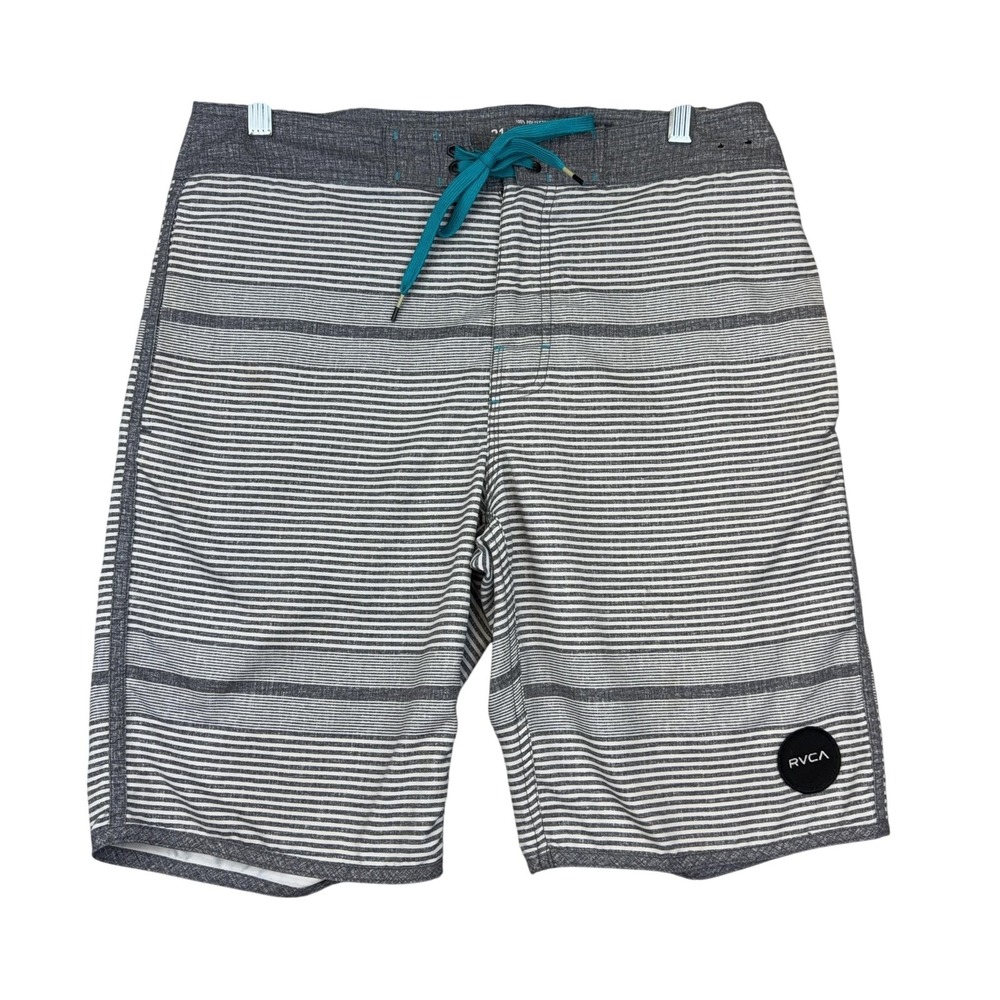 RVCA Board Shorts‎ Mens 31 Gray Stripe Classic Non-Stretch Swim Trunks Surf